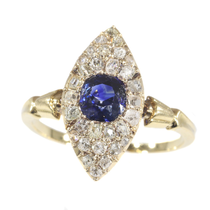 Early Victorian diamond and natural vivid blue sapphire engagement ring by Unbekannter Künstler