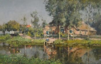 Idyllisch Hollands boerenerf aan het water by Cornelis Vreedenburgh