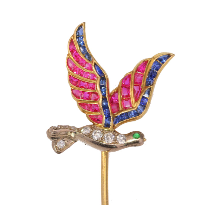 Art Deco-Inspired Vintage Tiepin Featuring a Flying Bird with Multicoloured Gemstones by Artiste Inconnu