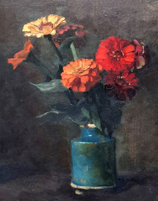 Zinnias in turquoise vase by Jan Cornelis Tiele