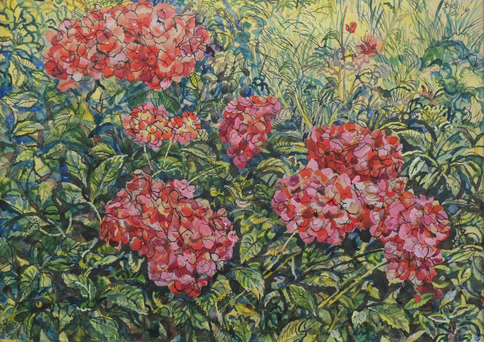 Tuin met hortensia by Herman Bieling