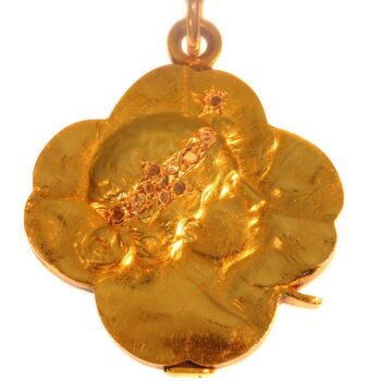 Art Nouveau gold slide locket four leaf clover with woman head by Artista Sconosciuto