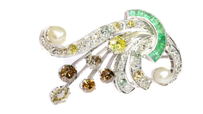 Vintage fancy color diamonds platinum bouquet or feather pendant/brooch by Artiste Inconnu