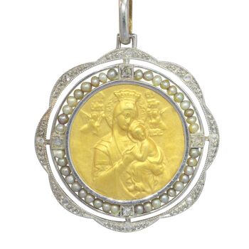 Vintage antique 1910's Edwardian - Art Deco 18K gold medal set with diamonds and pearls Mother Mary Our Lady of Perpetual Help by Unbekannter Künstler
