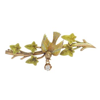 Vintage antique gold bar brooch bird holding diamond in beak on ivy branch by Unknown artist