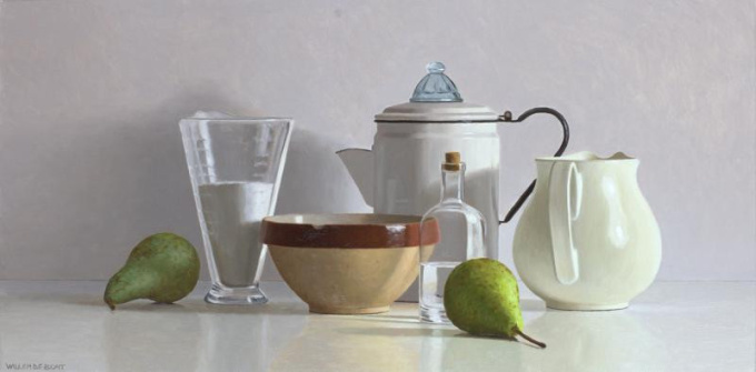 Still life with measuring cup and two pears by Willem de Bont