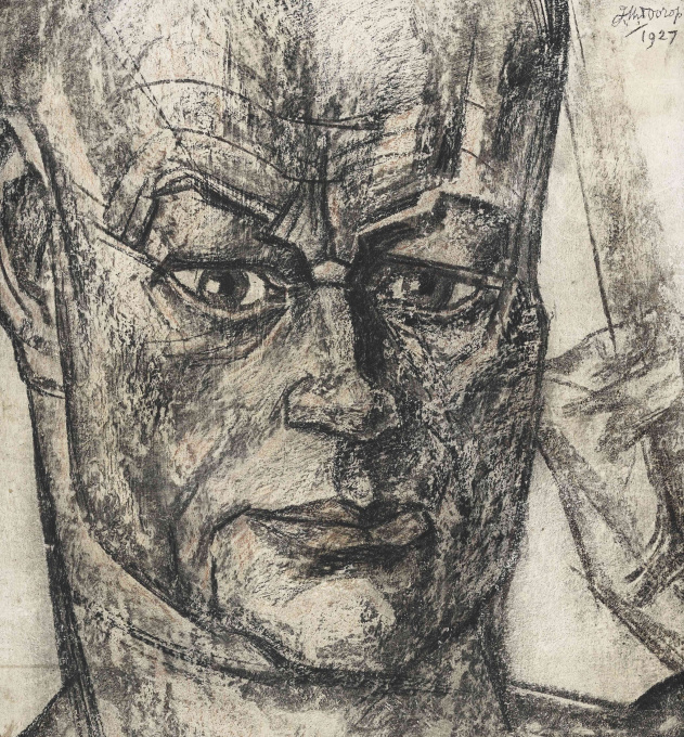 La Force (gestileerd hoofd van Hein Boeken met opgeheven hand) by Jan Toorop