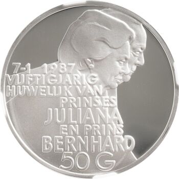 50 gulden 1987 Beatrix NGC PF 70 ULTRA CAMEO TRIAL STRIKE by Artiste Inconnu