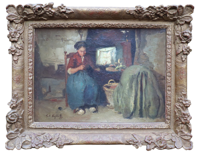 Interior scene with a woman doing needlework by Gijsbertus Jan Sijthoff