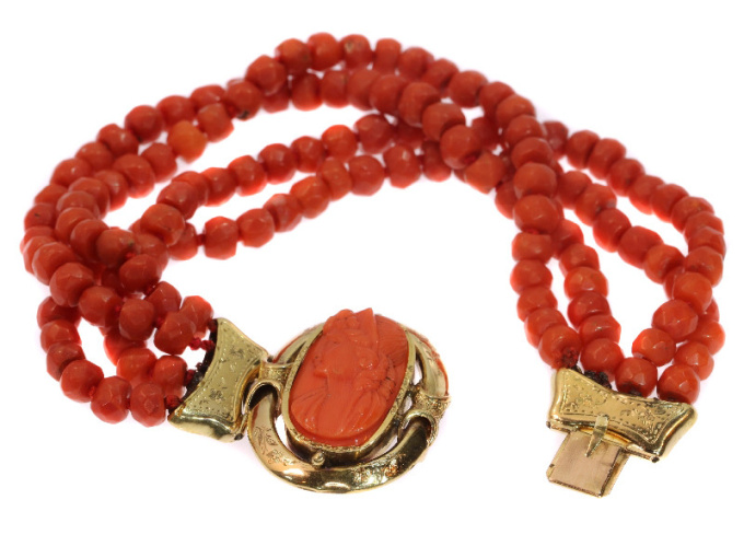 Antique Victorian coral cameo bracelet with faceted coral beads by Artiste Inconnu