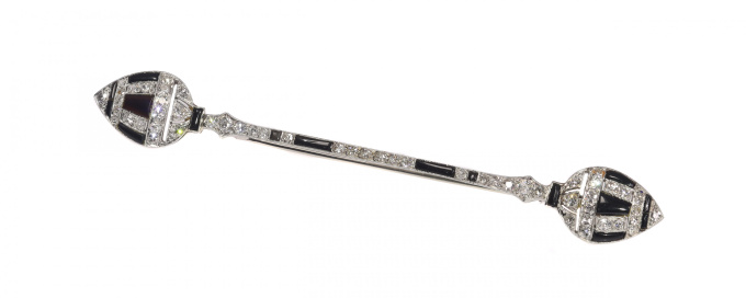 Vintage Arft Deco 10cm long bar brooch strong design with diamonds and onyx by Artista Sconosciuto