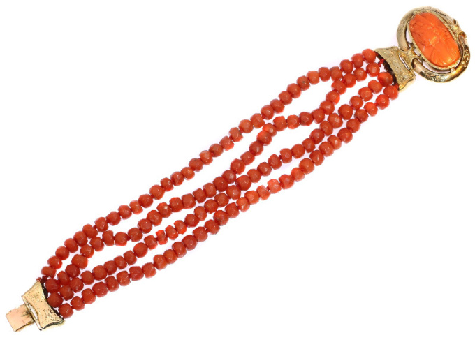 Antique Victorian coral cameo bracelet with faceted coral beads by Artiste Inconnu