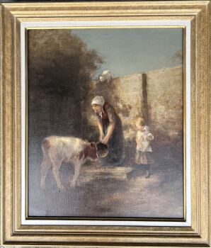 Boerin voert het kalfje in bijzijn van haar dochter by Fedor van Kregten