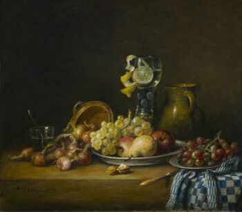 Stilleven met Roemer met citroen, fruitschalen en blauwwit geruite keukendoek by Cornelis Le Mair