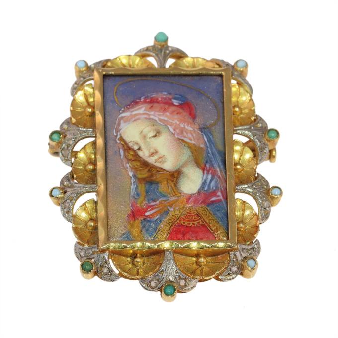 A Serene Masterpiece: Vintage 1950s Enameled Virgin Mary Brooch by Artista Sconosciuto