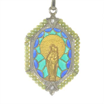 Vintage antique 18K gold Mother Maria and baby Jesus medal with diamonds and plique-a-jour enamel by Unknown artist