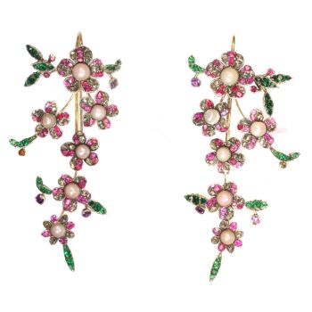 Extravagant long pendent earrings from antique parts diamonds, pearls, rubies by Unbekannter Künstler