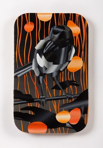 Magpie with orange bubbles by Marjolein van Haasteren