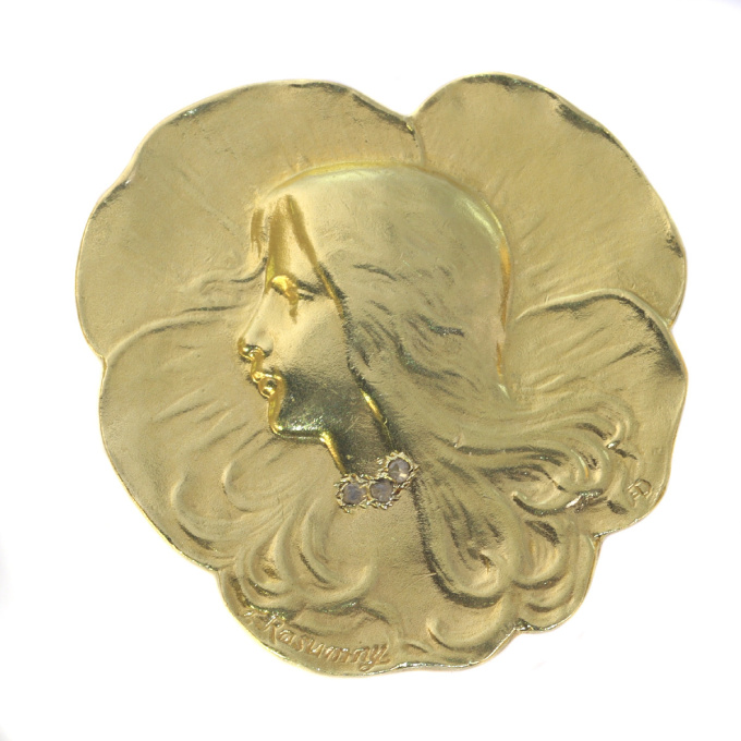 Art Nouveau brooch lady's head signed Rasumny by Unbekannter Künstler