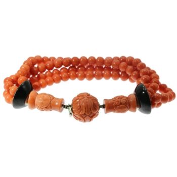 Art Deco enameled coral beaded bracelet, 4 strands by Unknown artist