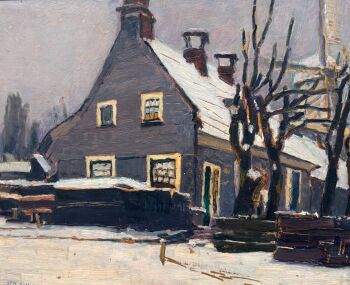 Huis met molen in een besneeuwd landschap by Jan Sluijters