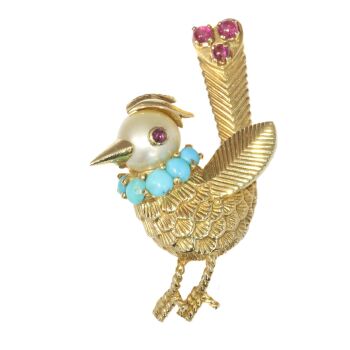 Vintage fanciful Fifties gold bejeweled bird brooch by Artista Sconosciuto