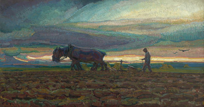 Landschap met ploegende boer by Adriaan Herman Gouwe
