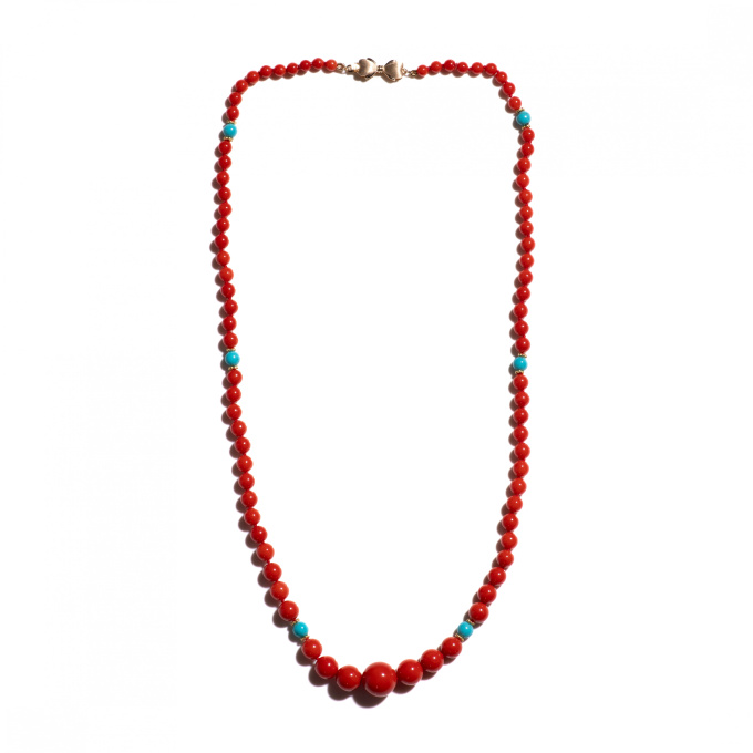 Coral and Sleeping Beauty Turquoise 14K Gold Necklace by Its My Gemme