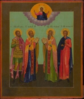 Russian icon with four chosen saints by Artista Sconosciuto