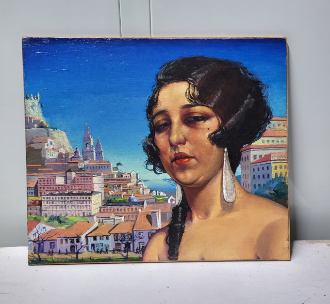 A Dark-Haired Girl Overlooking an Iberian Town by Frans van Ermengem
