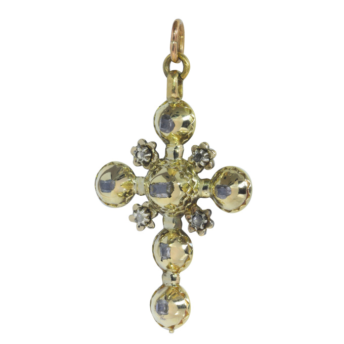 Vintage antique Georgian diamond cross with rare old table cut rose cut diamonds by Artista Sconosciuto