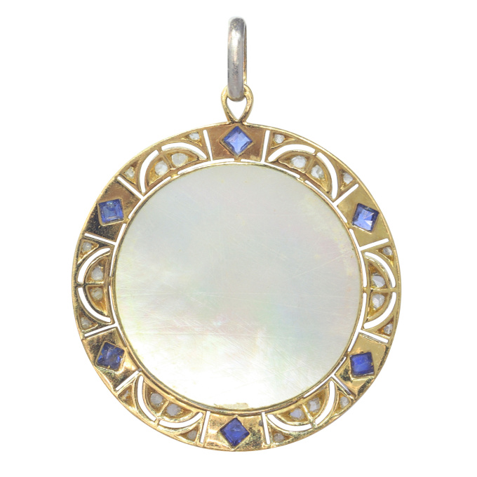 Vintage 1920's Edwardian - Art Deco diamond and sapphire Mother Mary and baby Jesus medal by Artista Desconocido
