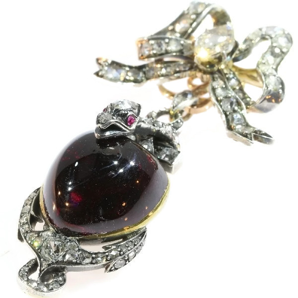 Early-Victorian diamond brooch-pendant medallion large heart shaped garnet cabochon snake anchor and bow by Unbekannter Künstler