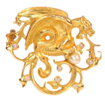Antique gold diamond and pearl Griffin brooch by Artista Sconosciuto