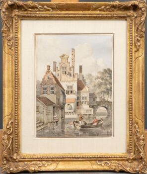 Stadsgracht met bruggetje, huizen en figuren in bootje by Jan Hendrik Verheijen