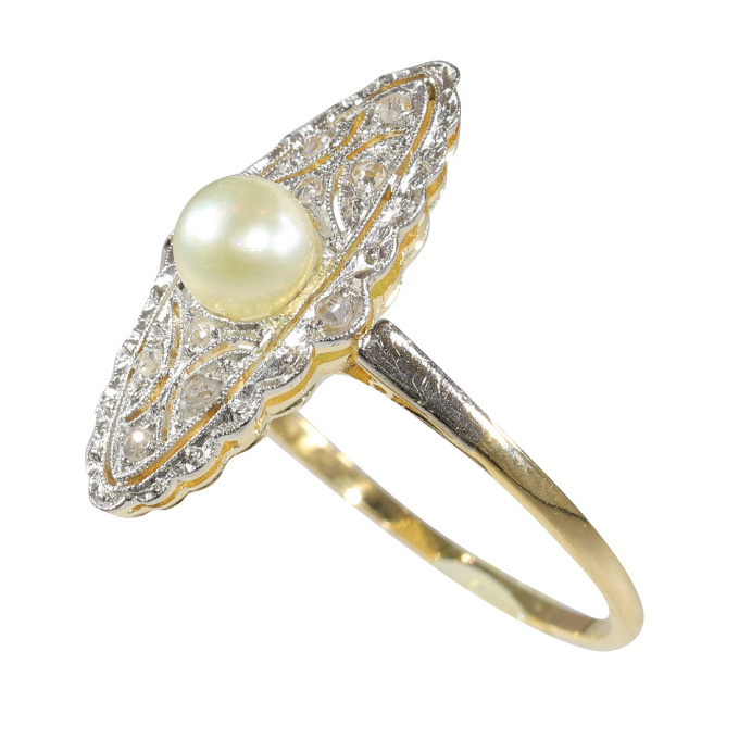 Vintage Edwardian Art Deco diamond and pearl marquise shaped ring by Unbekannter Künstler