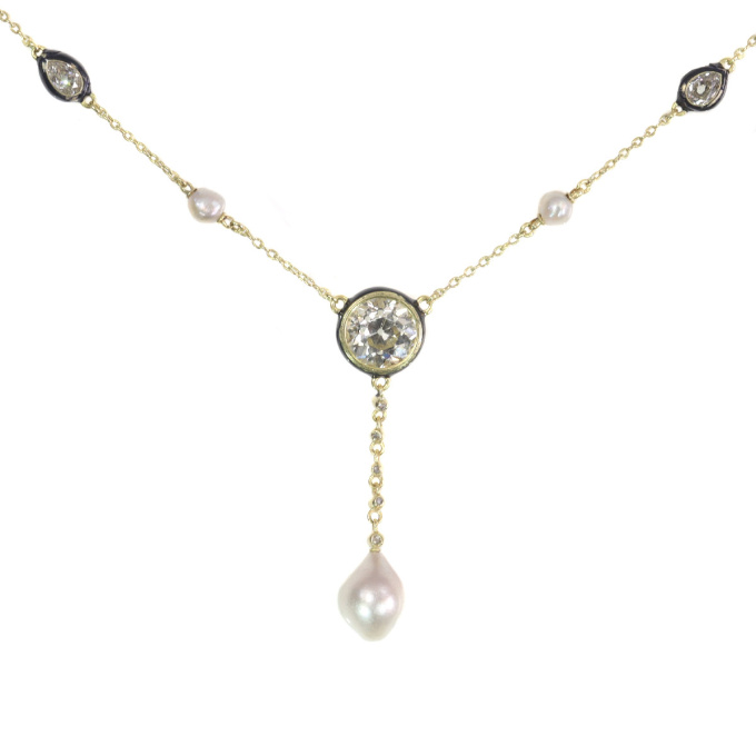 Antique 19th Century large diamond and large natural pearl necklace by Artiste Inconnu