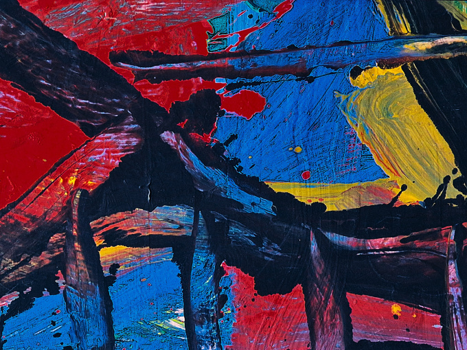 abstract composition in red blue black and ochre by Erik Oldenhof