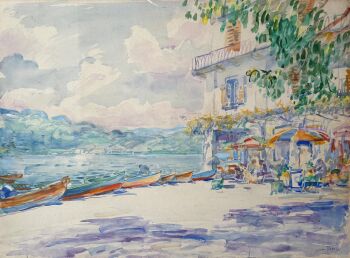 Gezicht op het strand bij Lago d'Orta (Italië) by Johan Dijkstra