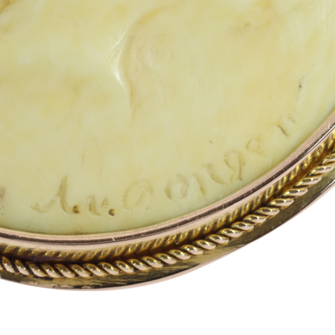 Ivory Portrait Cameo Brooch Signed A. v. Dongen in Gold, c.1900 by Artiste Inconnu