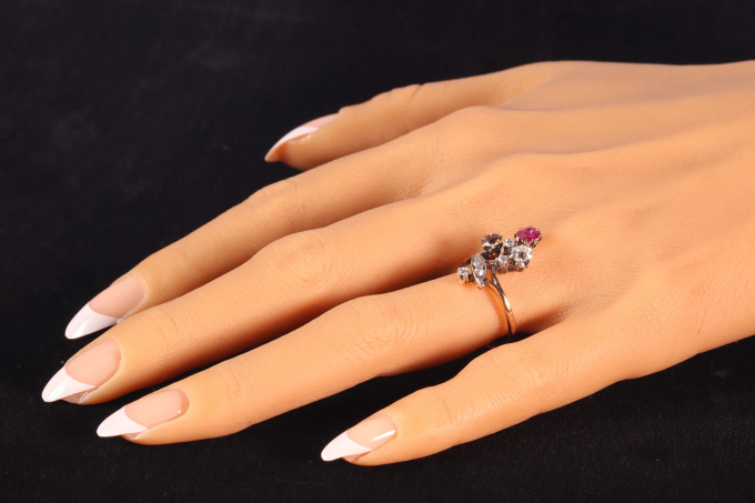 Vintage antique gold ring with fancy colour diamond, natural ruby and old mine cut diamonds by Artiste Inconnu