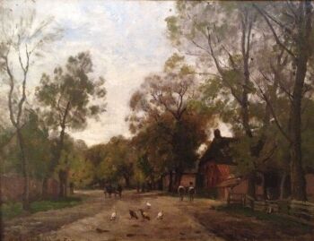 Bosweg met boerderij by Julius Jacobus van de Sande Bakhuyzen