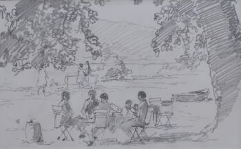Drinking tea under the tree. by Cornelis Vreedenburgh