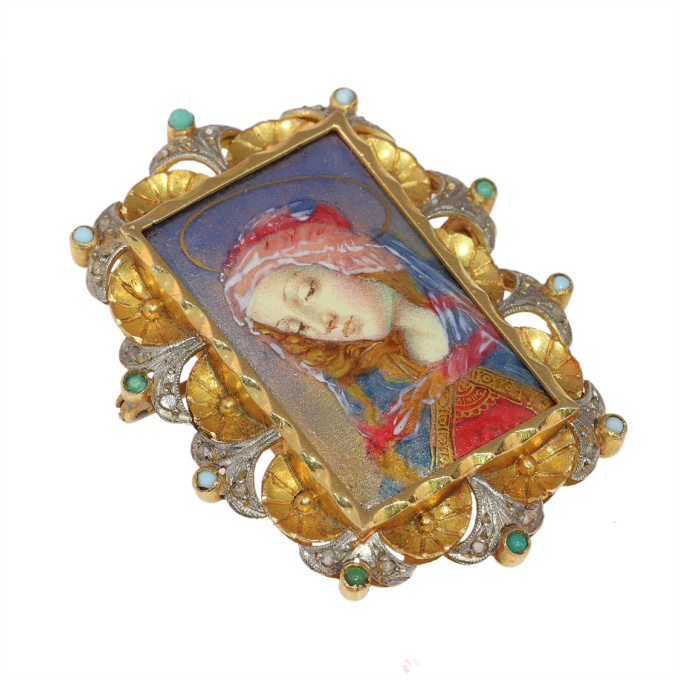 A Serene Masterpiece: Vintage 1950s Enameled Virgin Mary Brooch by Artista Sconosciuto