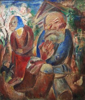 Peasant Couple with Cat by Nicolaj Vasilieff