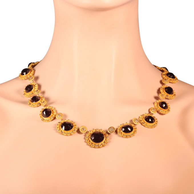 Victorian gilded garnet parure matching necklace and earrings in original box by Artiste Inconnu