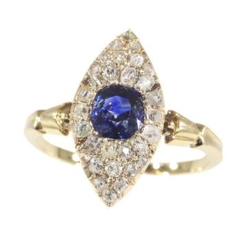 Early Victorian diamond and natural vivid blue sapphire engagement ring by Unbekannter Künstler