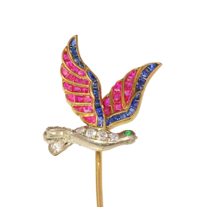 Art Deco-Inspired Vintage Tiepin Featuring a Flying Bird with Multicoloured Gemstones by Artiste Inconnu