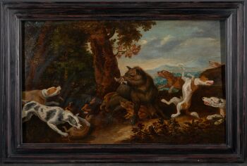 17th C Wild Boar Hunt, Attr. to Jan van Kessel (Antwerp,1626 -Antwerp,1679) on Panel marked by Guilliam Gabron (1609-1662), Antwerp, Oil on Oak by Unbekannter Künstler