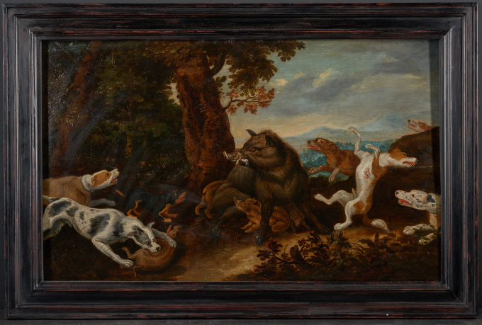 17th C Wild Boar Hunt, Attr. to Jan van Kessel (Antwerp,1626 -Antwerp,1679) on Panel marked by Guilliam Gabron (1609-1662), Antwerp, Oil on Oak by Artista Desconocido